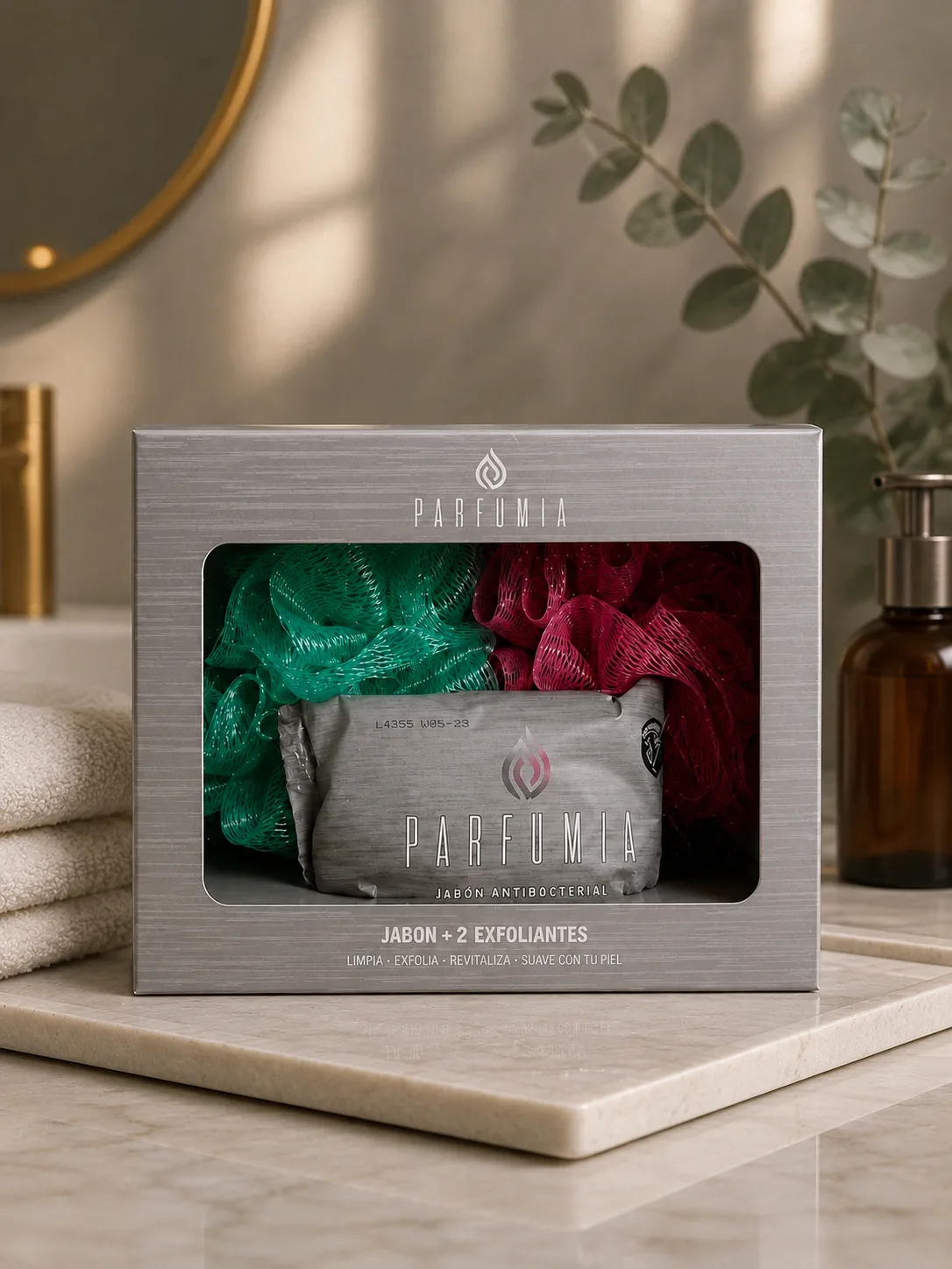 PARFUMIA - ESPONJA DE BAÑO  2U + JABÓN ANTIBACTERIAL