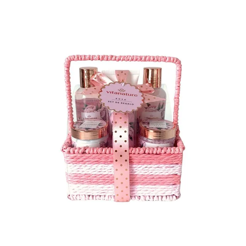 VITA SET/CANASTA RUSTICA ROSA-Set de Baño Rosa Canasta 4 unid