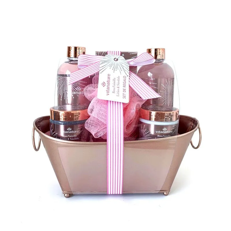 VITA BASKET/SET ROSASet de Baño Rosa, Vainilla, Lirios & Sándalo Canasta 5 unid