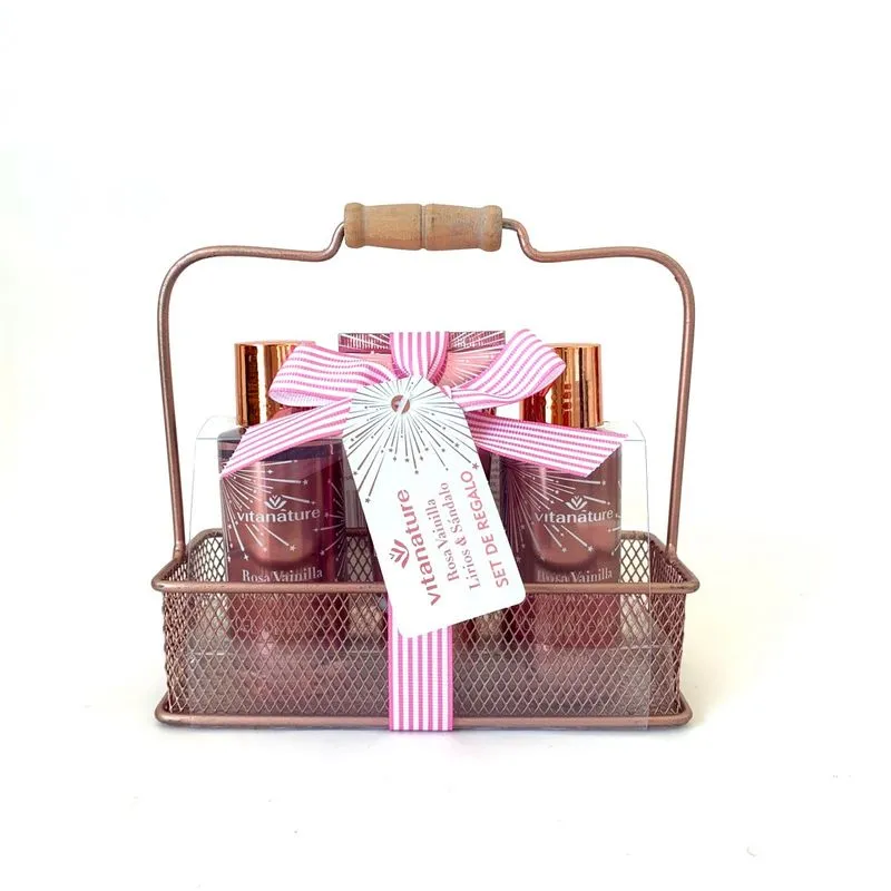 VITA SET/CANASTA VAI/ROS/LIR/SSet de Baño Rosa, Vainilla, Lirios & Sándalo Canasta Rústica 3 unid